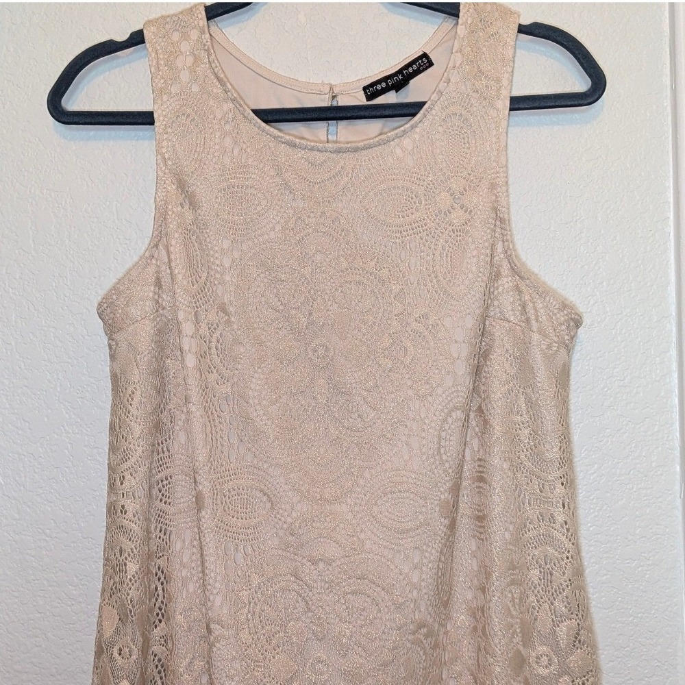 Three Pink Hearts Lace Sleeveless Top Off White Gold Metallic Scalloped Hem L